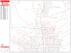 Salt Lake City Wall Map Zip Code Red Line Style 2024